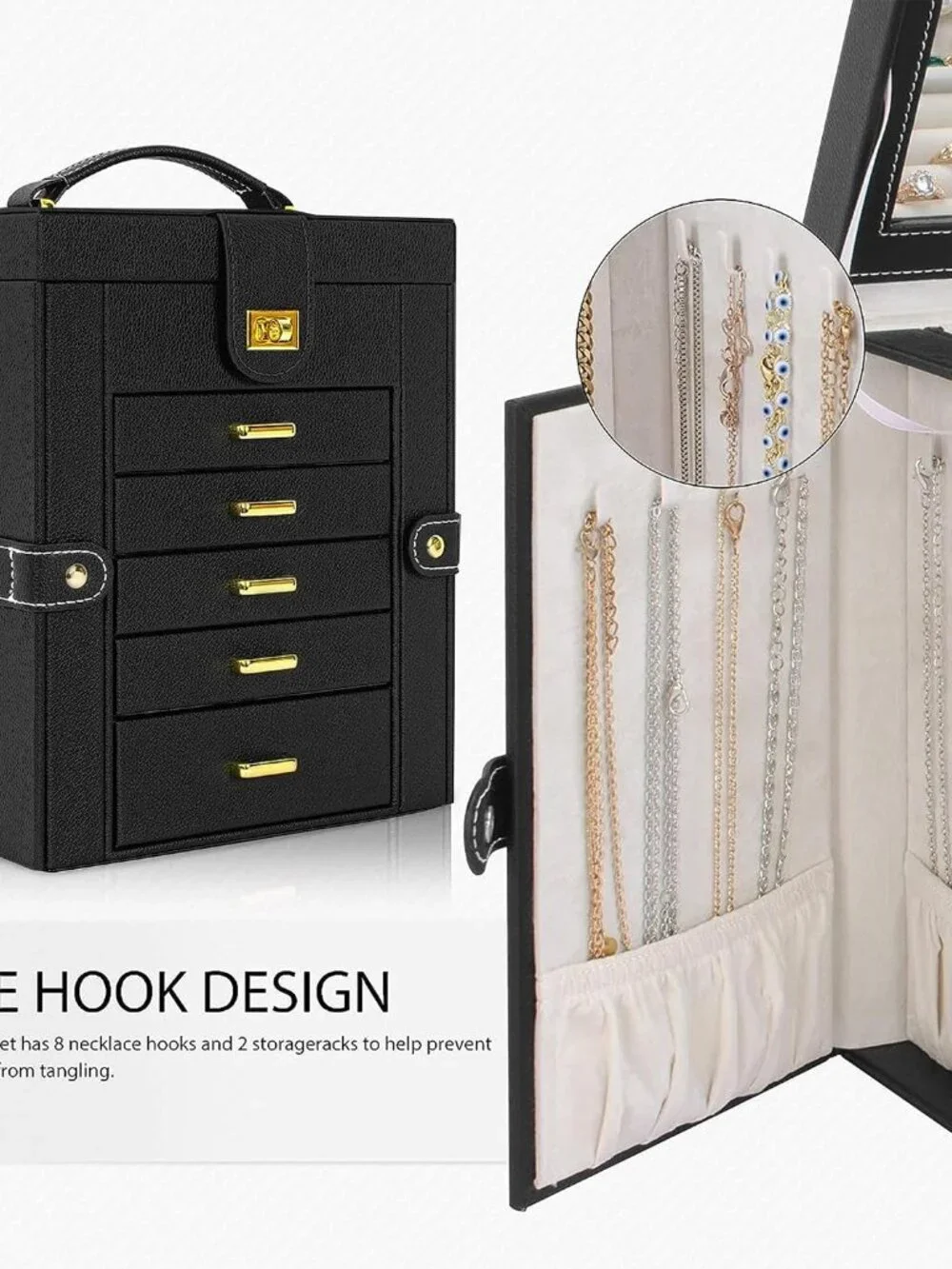 Elegant 6-Tier Leather Jewelry Organizer with Mirror